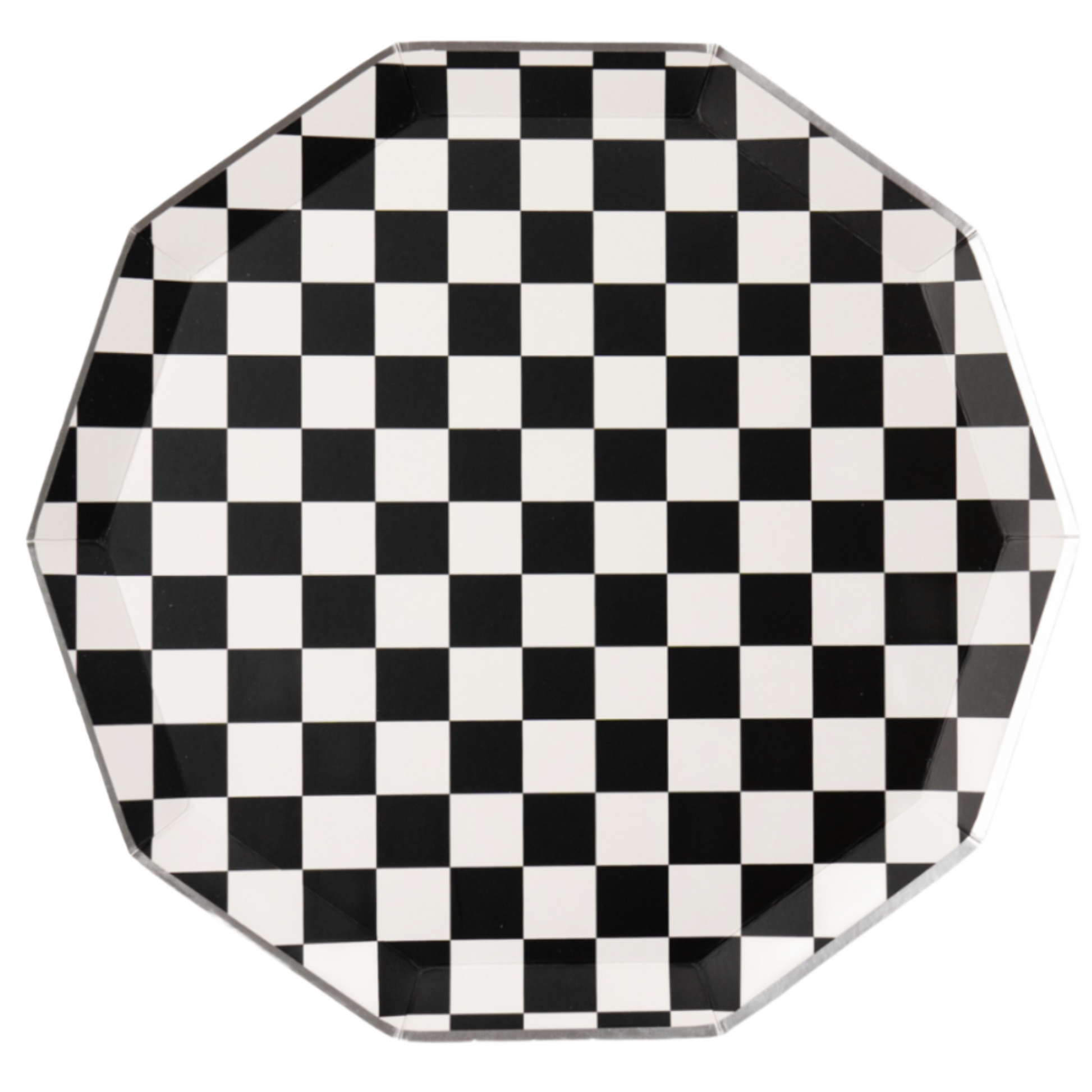 Black and white checkerboard paper plate with octagon shape, available at our Toronto party shop
