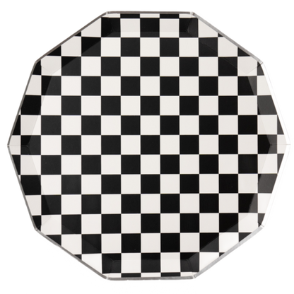 Black and white checkerboard paper plate with octagon shape, available at our Toronto party shop