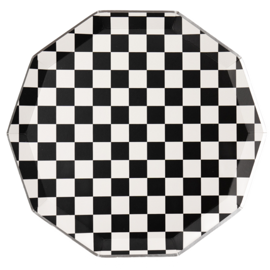 Black and white checkerboard paper plate with octagon shape, available at our Toronto party shop