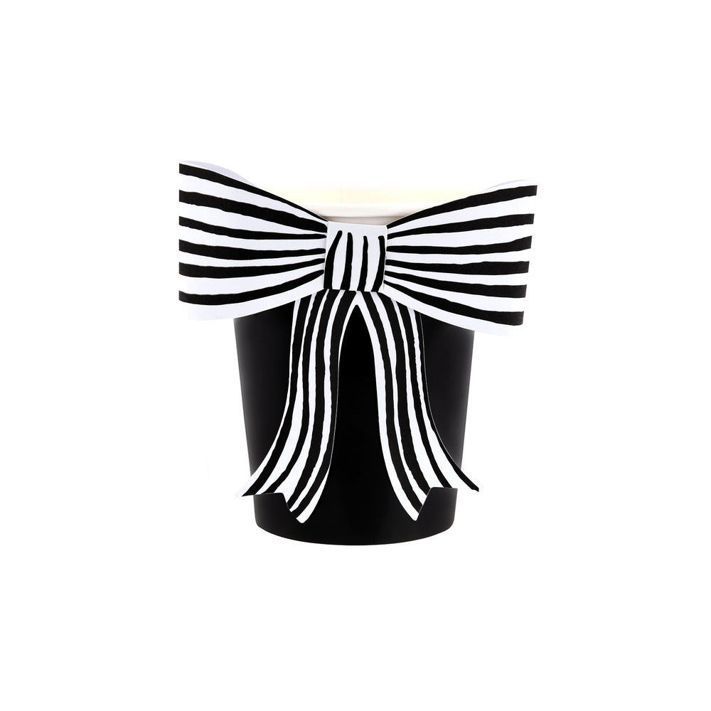 Black paper cup with bold black and white striped bow, available at our Toronto party shop.