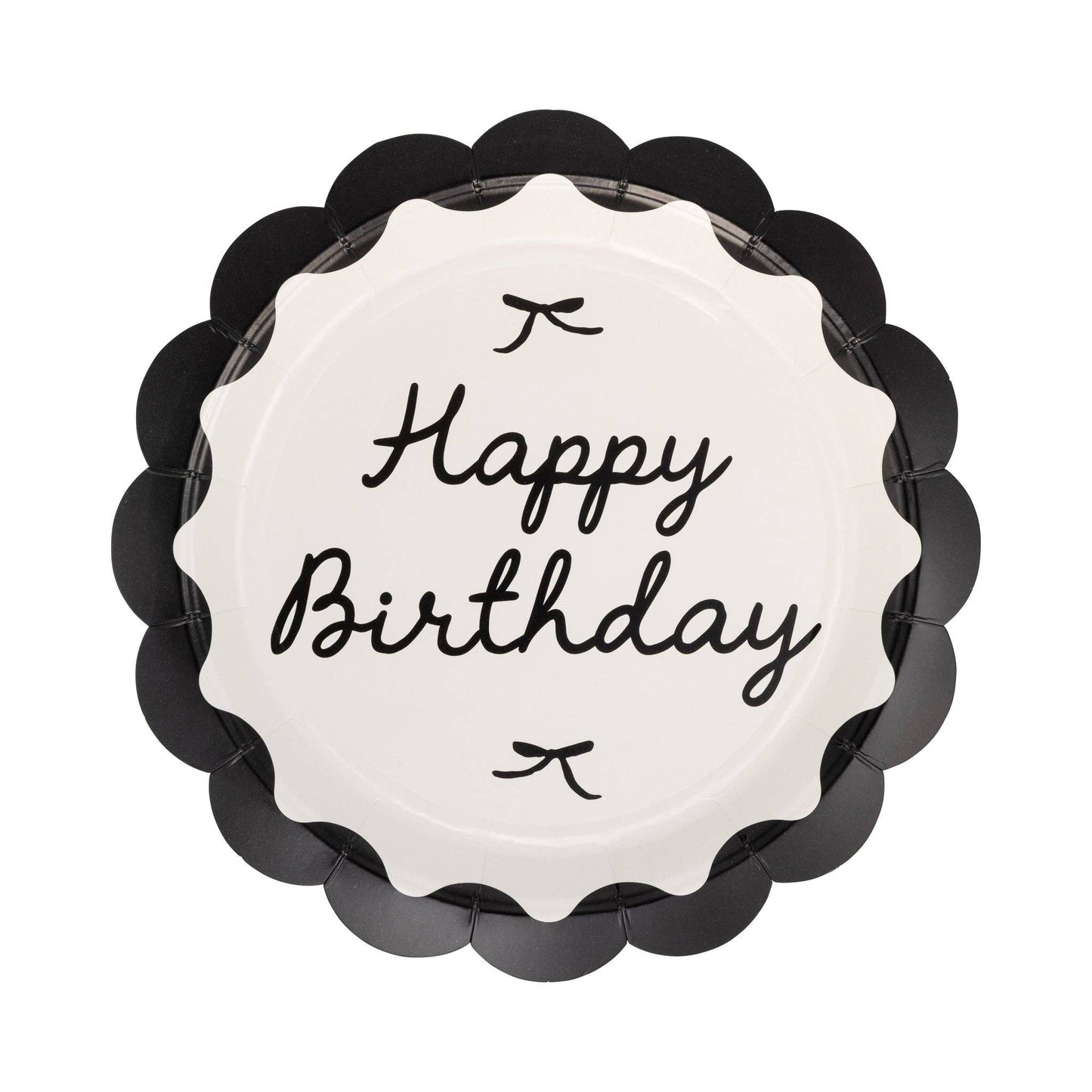 Black and white Happy Birthday party plates with scalloped black edges available in Toronto and shipping across Canada.