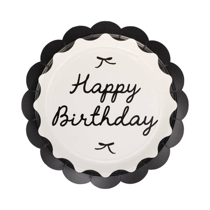 Black and white Happy Birthday party plates with scalloped black edges available in Toronto and shipping across Canada.