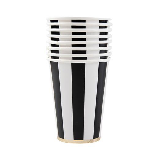 Set of black and white cabana stripe paper cups stacked together with gold foil detailing, available at Confetti My Party Toronto.