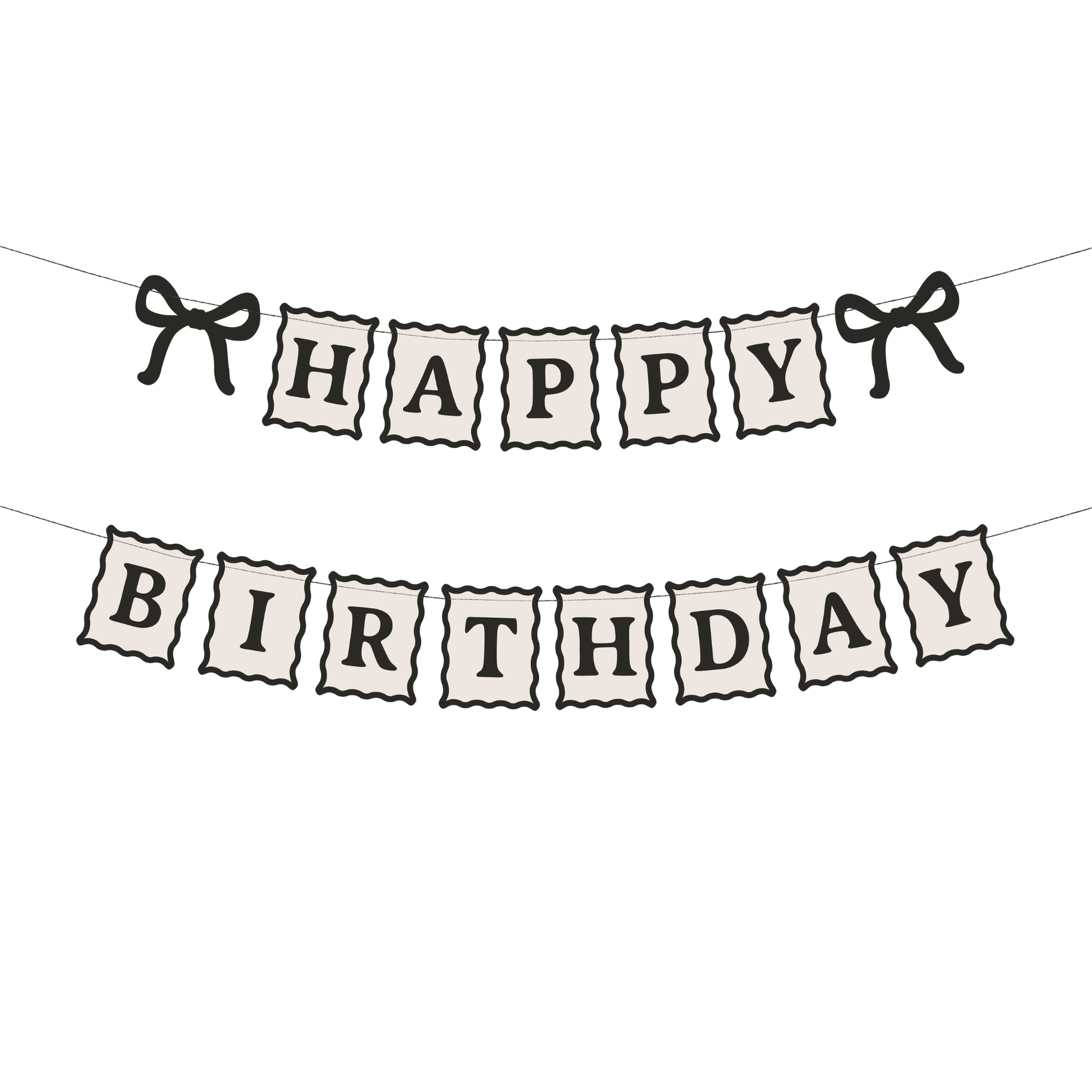 Black and cream Happy Birthday banner with bows available in Toronto and shipping across Canada