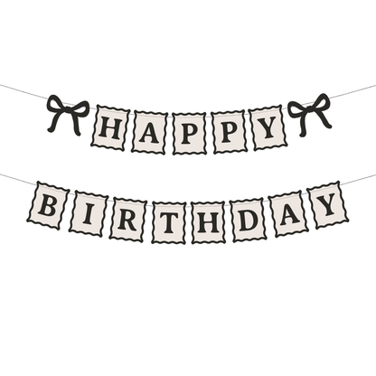 Black and cream Happy Birthday banner with bows available in Toronto and shipping across Canada