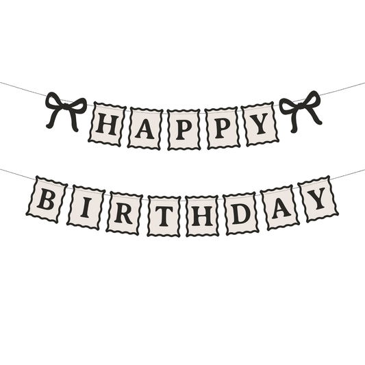 Black and cream Happy Birthday banner with bows available in Toronto and shipping across Canada