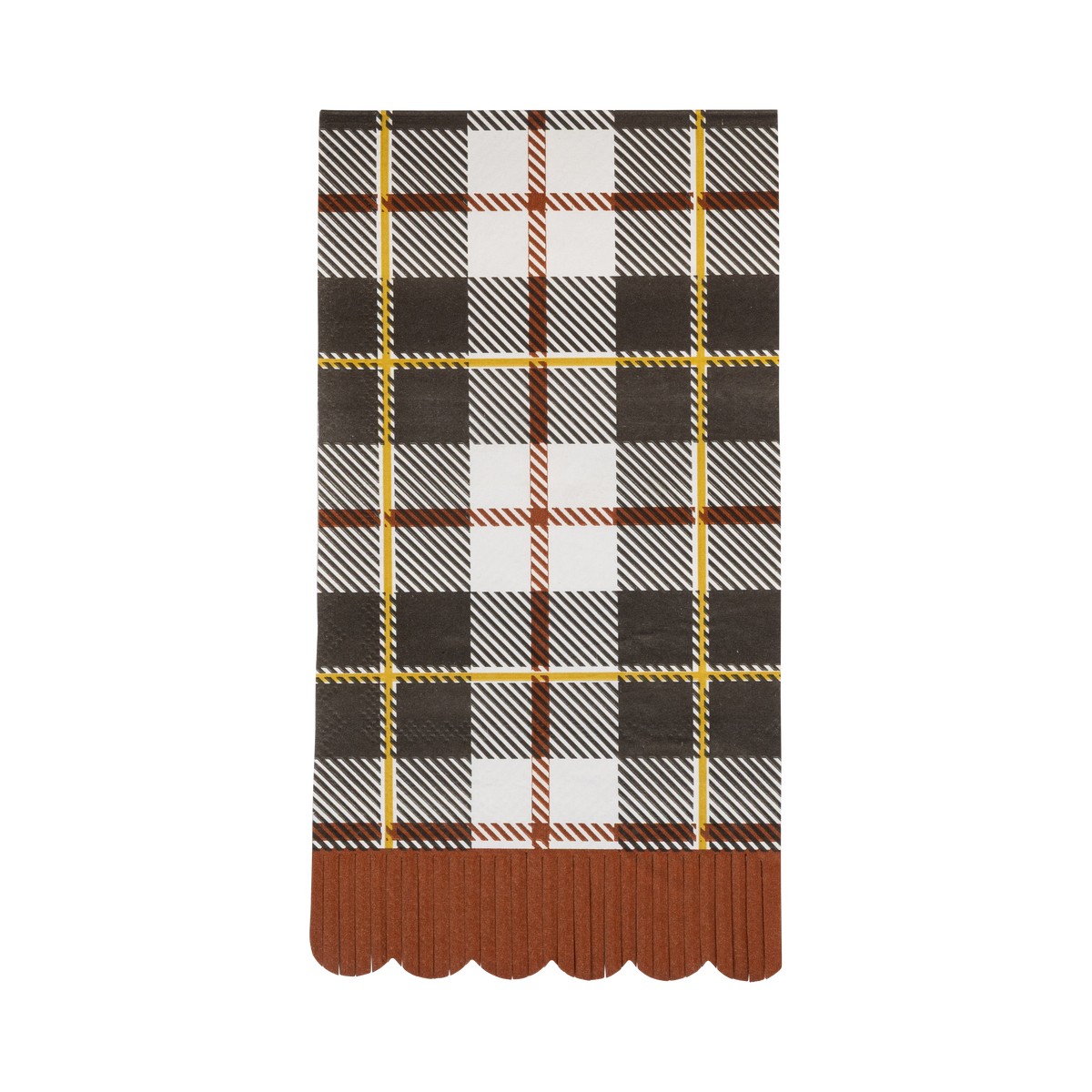 Black, cream, orange and yellow plaid fall dinner napkins with gold foil details and scalloped edge