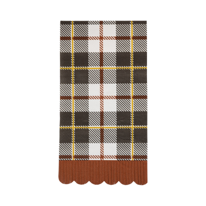 Black, cream, orange and yellow plaid fall dinner napkins with gold foil details and scalloped edge
