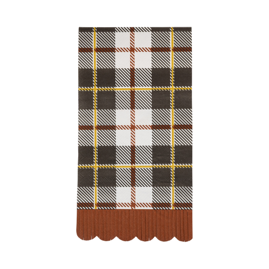 Black, cream, orange and yellow plaid fall dinner napkins with gold foil details and scalloped edge