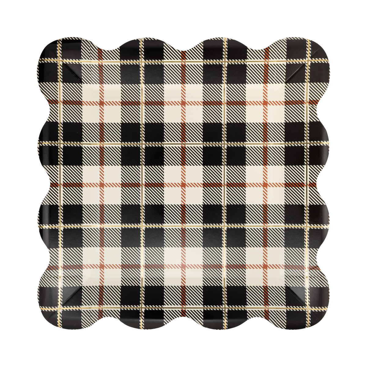Black Plaid patterned paper plate on a white background