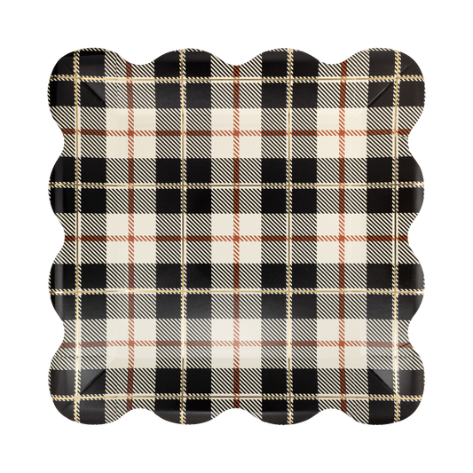 Black Plaid patterned paper plate on a white background