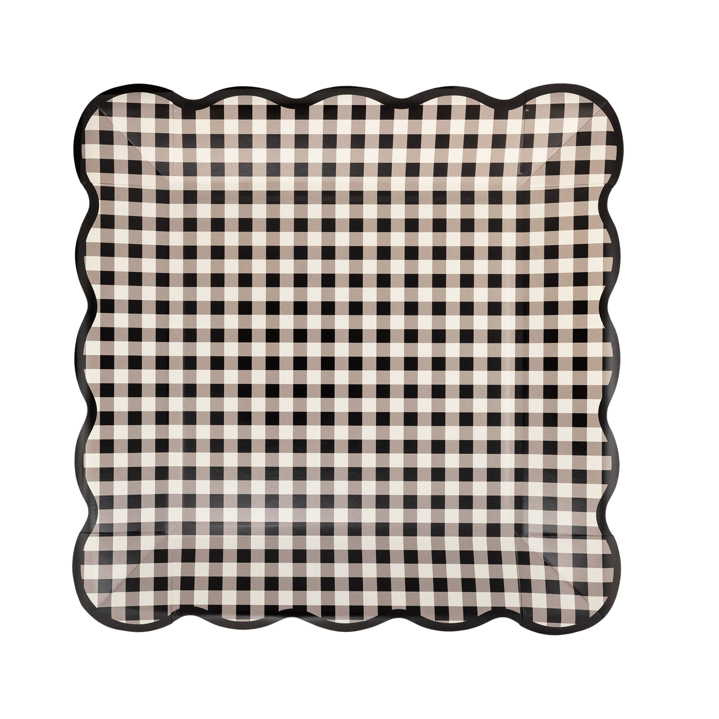 gingham black and brow scalloped square plates- pack of 8. Sold in Toronto at Confetti My Party.