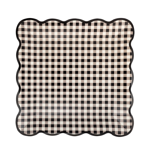 gingham black and brow scalloped square plates- pack of 8. Sold in Toronto at Confetti My Party.