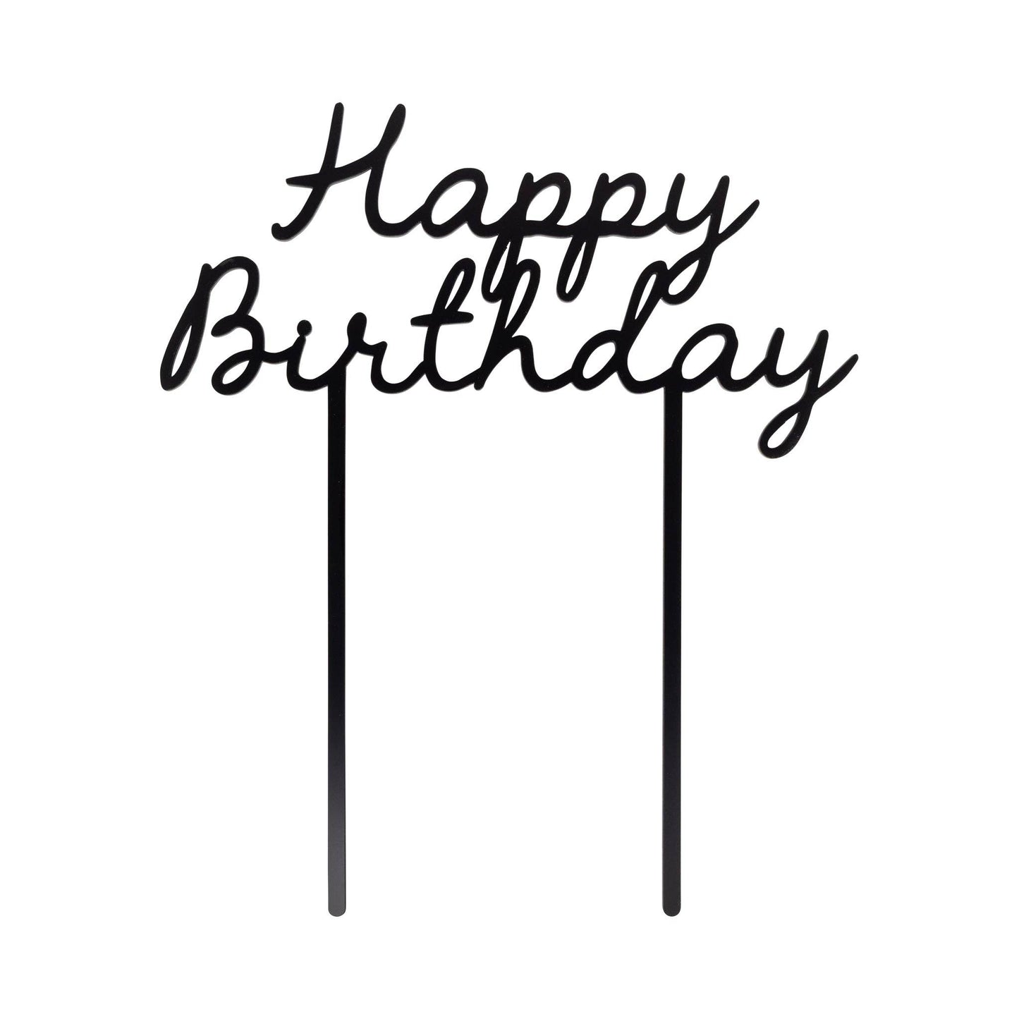 Black Happy Birthday script cake topper with two picks, modern cake decoration available at our Toronto party shop.