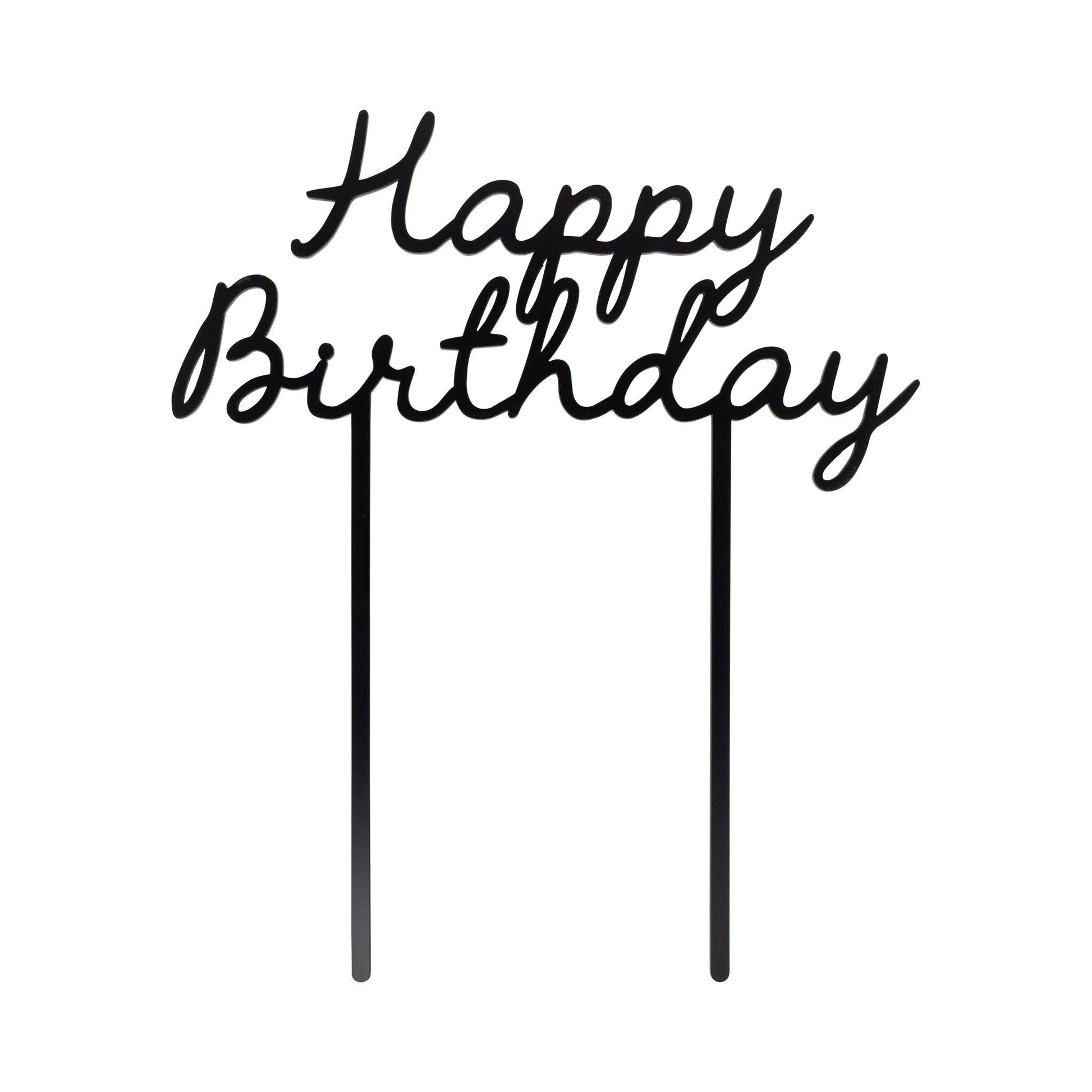 Black Happy Birthday script cake topper with two picks, modern cake decoration available at our Toronto party shop.
