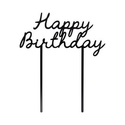 Black Happy Birthday script cake topper with two picks, modern cake decoration available at our Toronto party shop.