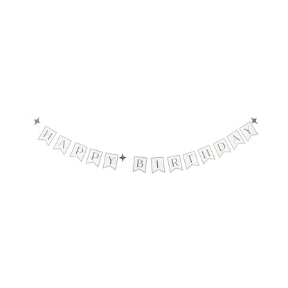 Black Happy Birthday banner with flag-shaped pennants and star accents, modern birthday decoration available at our Toronto party shop.