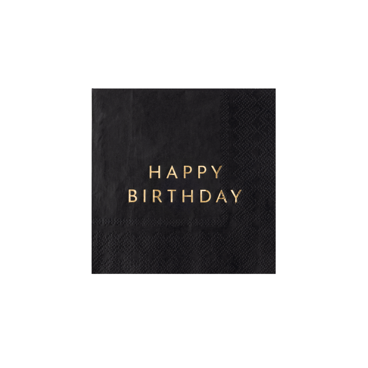 Black Happy Birthday cocktail napkin with gold foil lettering