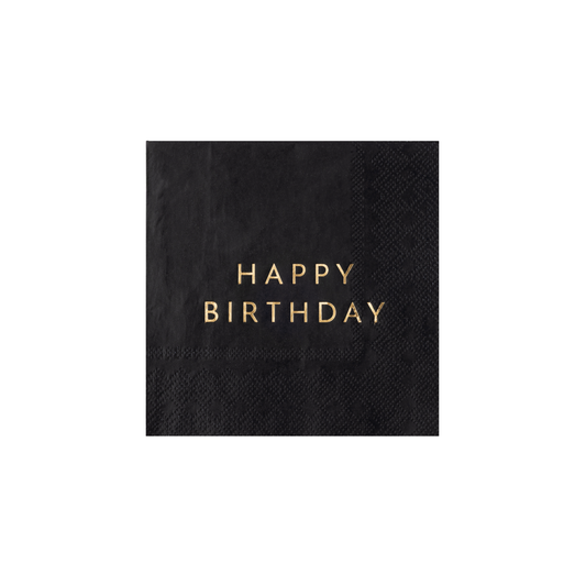 Black Happy Birthday cocktail napkin with gold foil lettering
