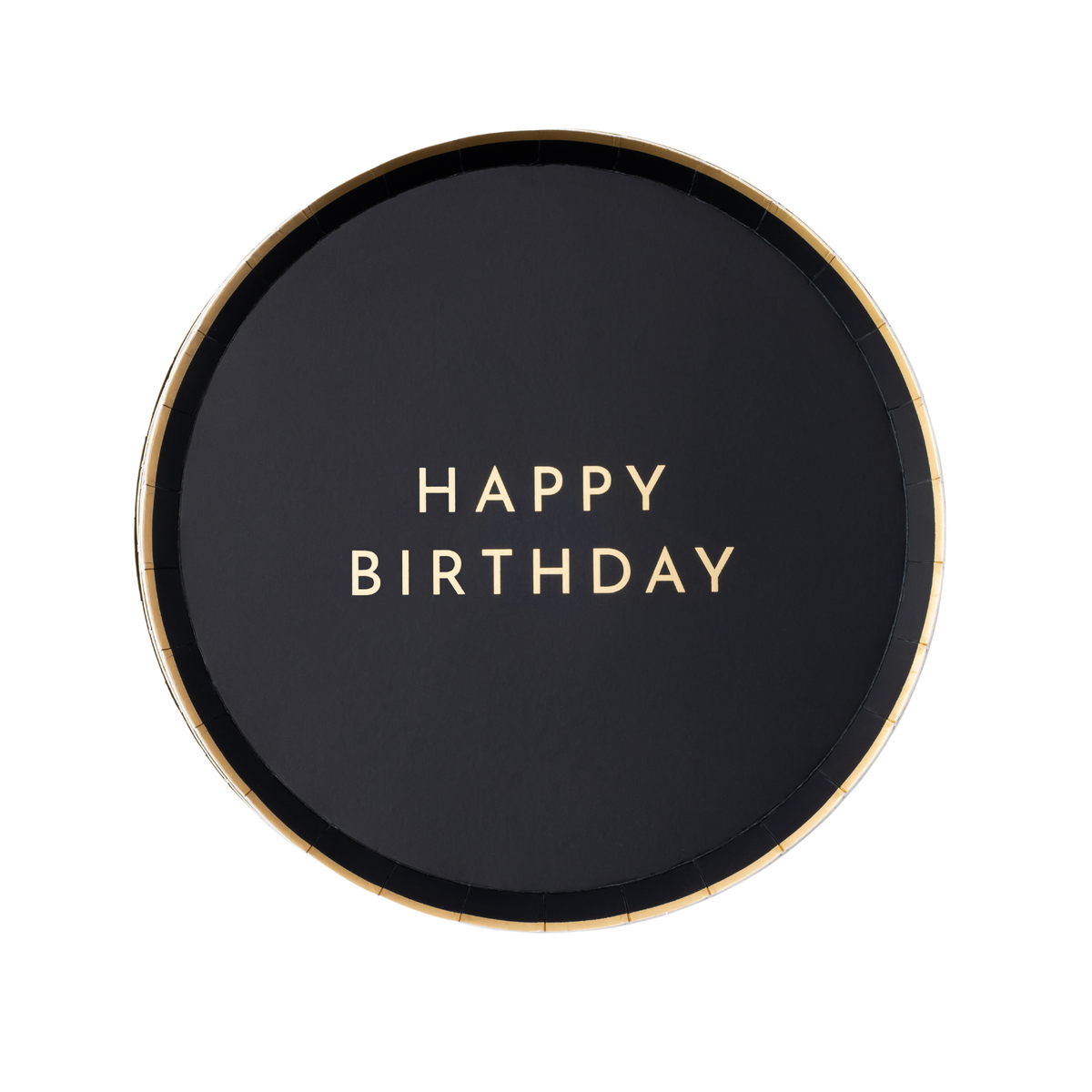 Black Happy Birthday paper plates with gold foil lettering and gold foil rim
