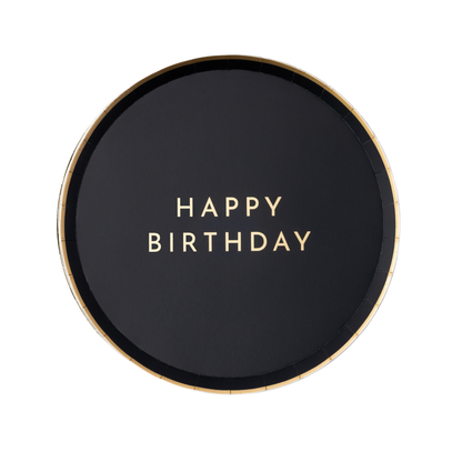 Black Happy Birthday paper plates with gold foil lettering and gold foil rim