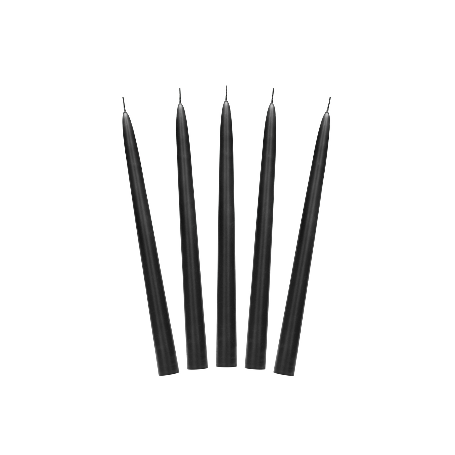 Set of five matte black taper candles with long slim shape, unlit and arranged upright.