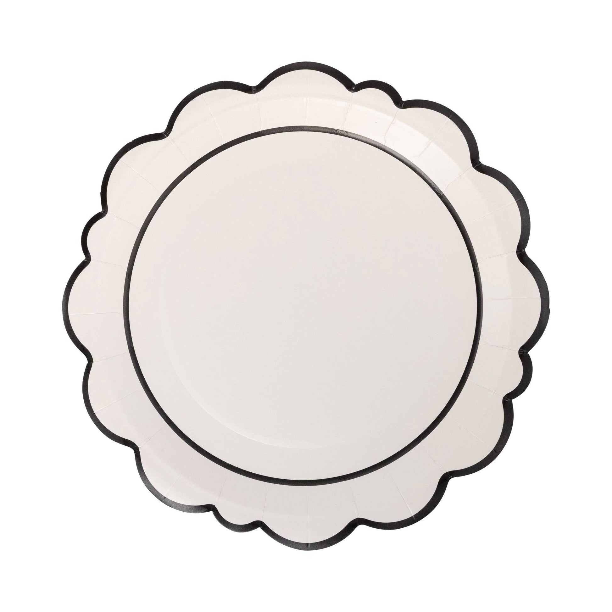White paper plate with bold black scalloped border, perfect for modern weddings and celebrations in Toronto.
