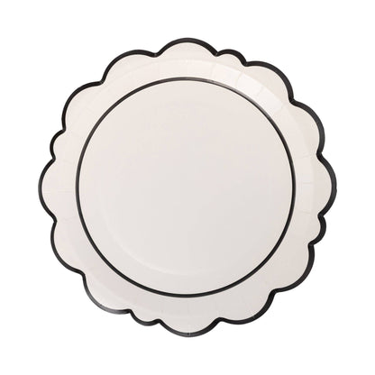 White paper plate with bold black scalloped border, perfect for modern weddings and celebrations in Toronto.