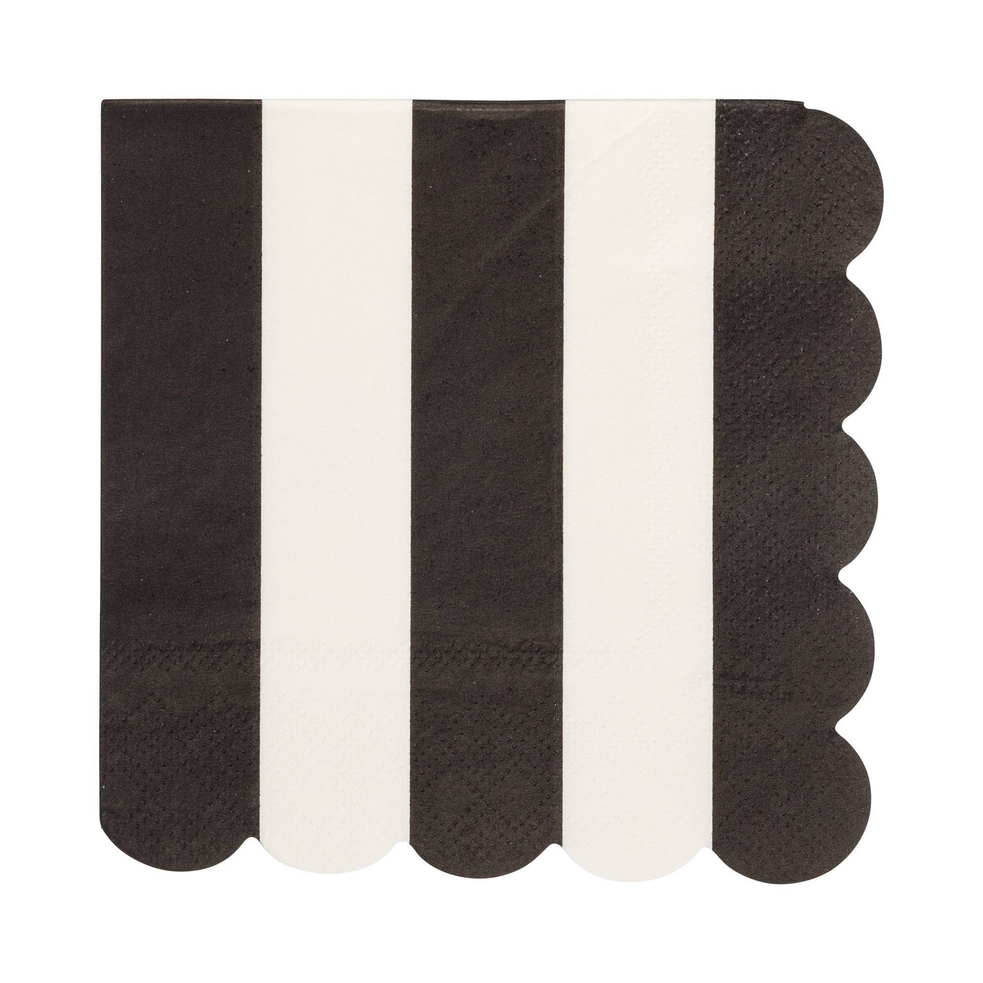 Black and cream striped cocktail napkins with scalloped edge, stylish disposable napkins available in Toronto and shipping across Canada.
