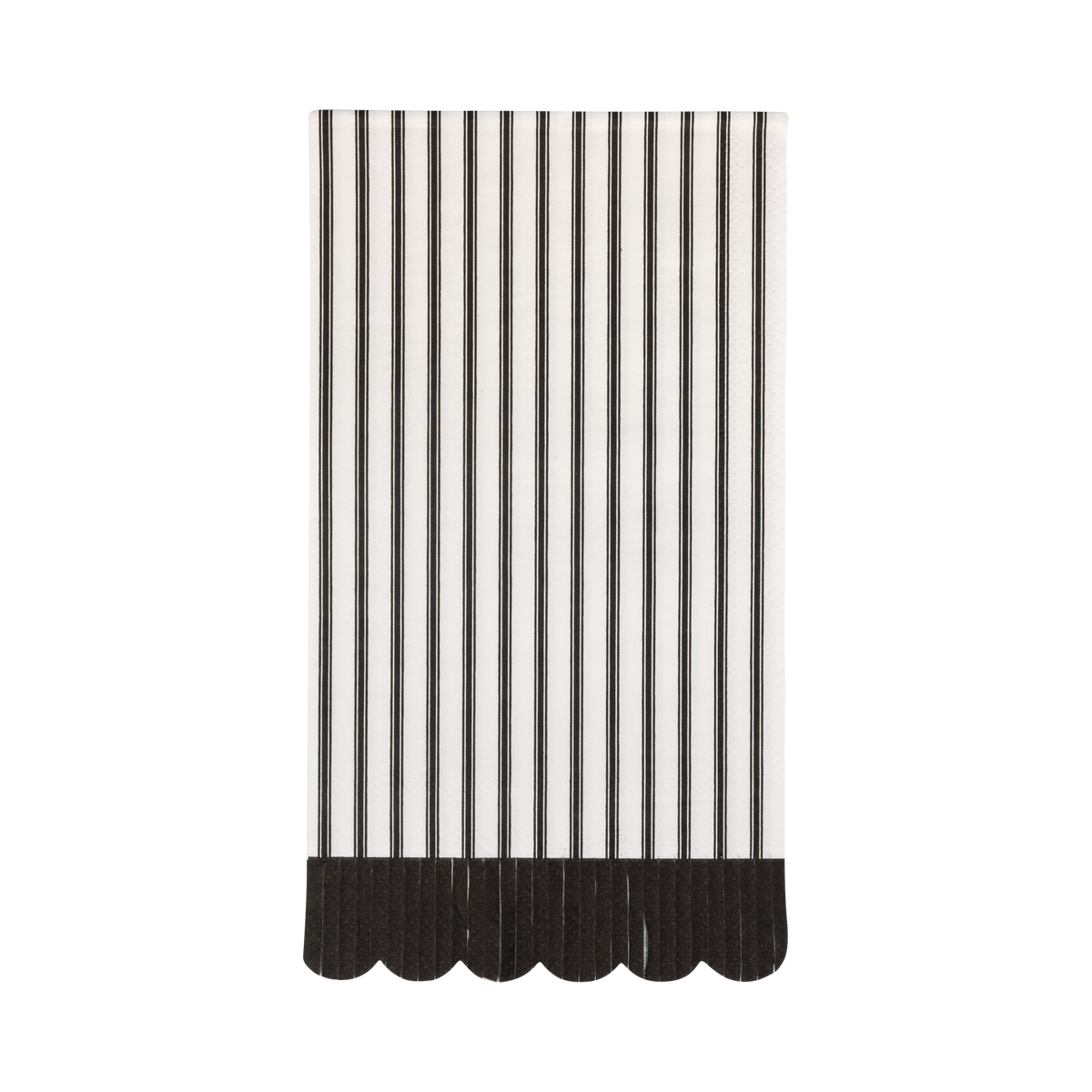 Black and white striped dinner napkins with a scalloped edge on a white background