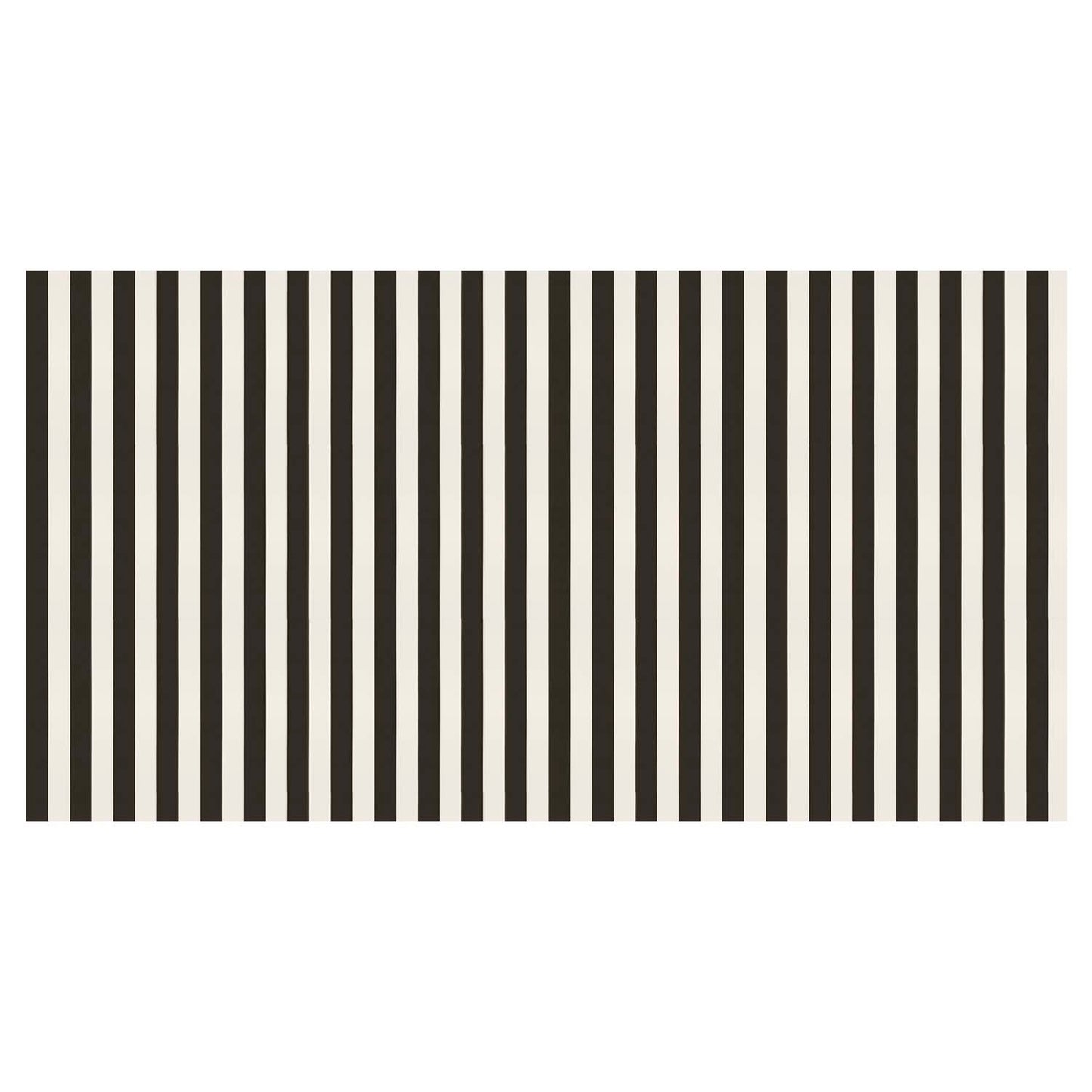 Full view of black and white striped tablecloth, available at our Toronto party shop.