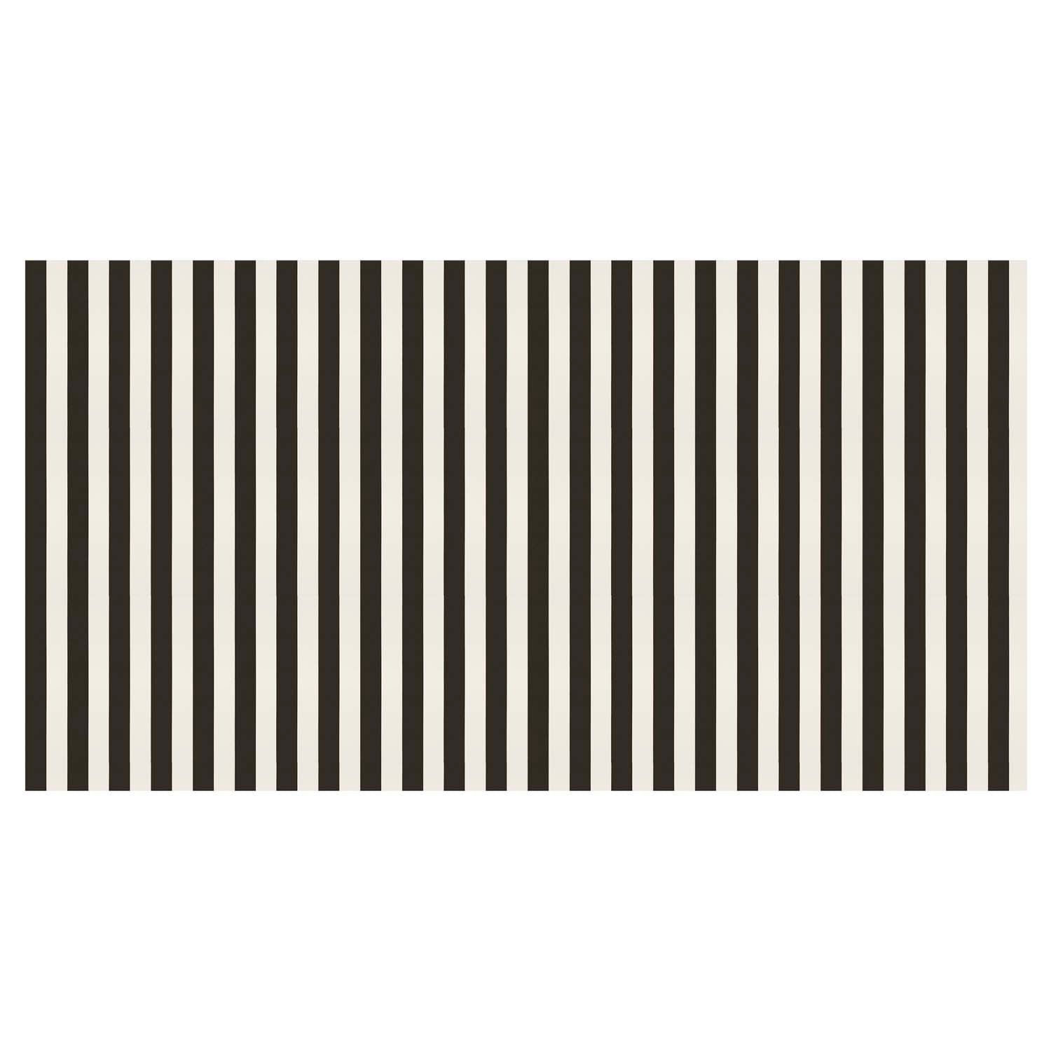 Full view of black and white striped tablecloth, available at our Toronto party shop.