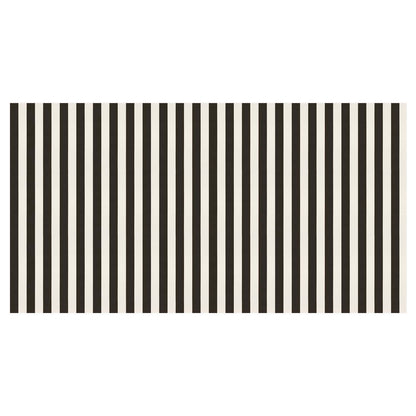 Full view of black and white striped tablecloth, available at our Toronto party shop.