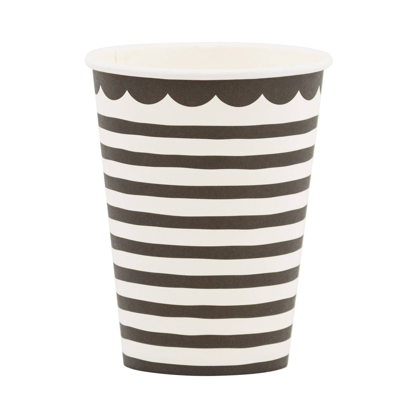 Black and white striped paper party cup with scalloped rim, modern disposable drinkware available at our Toronto party shop.