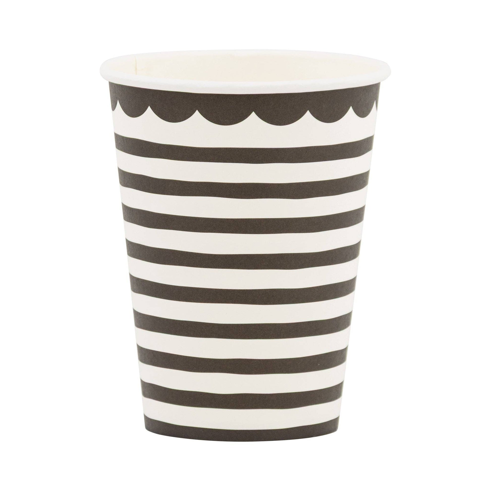 Black and white striped paper party cup with scalloped rim, modern disposable drinkware available at our Toronto party shop.