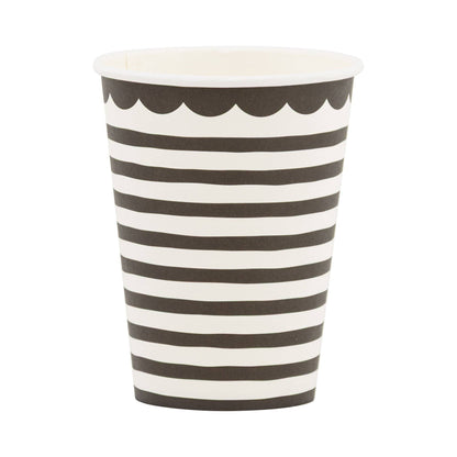 Black and white striped paper party cup with scalloped rim, modern disposable drinkware available at our Toronto party shop.