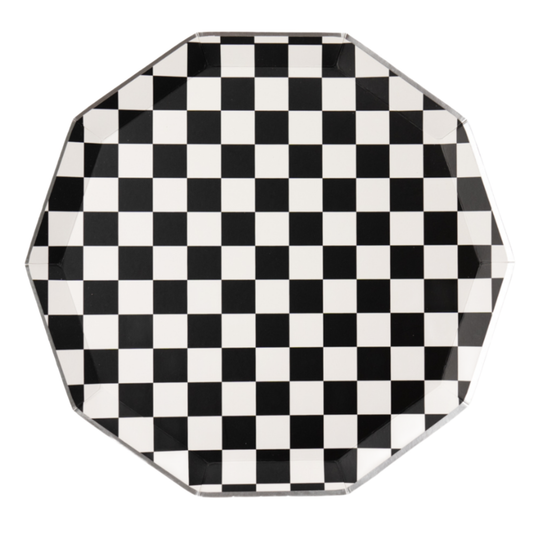 BLACK AND WHITE SIGNATURE CHECKER DINNER PLATES