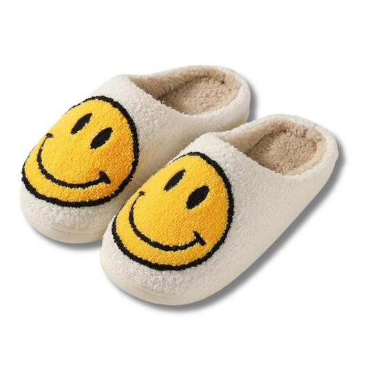 FUZZY HAPPY FACE SLIPPERS - BLACK + YELLOW