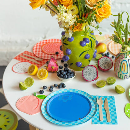 Blueberry dessert plates styled in a Toronto party table arrangement.