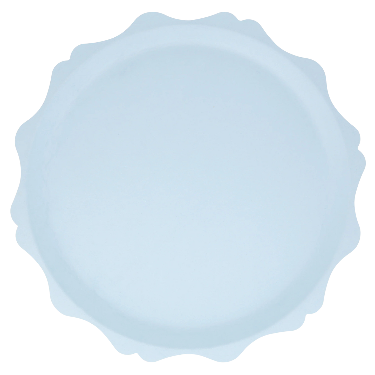 Light blue paper plate with scalloped edges in full top-down view