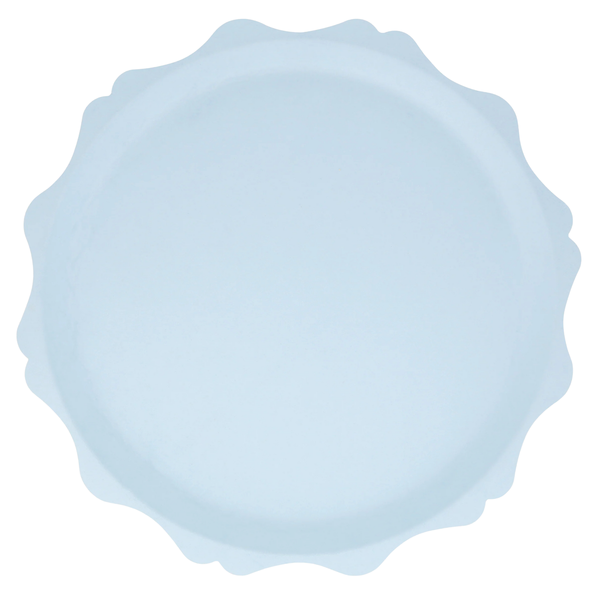 Light blue paper plate with scalloped edges in full top-down view