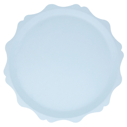 Light blue paper plate with scalloped edges in full top-down view
