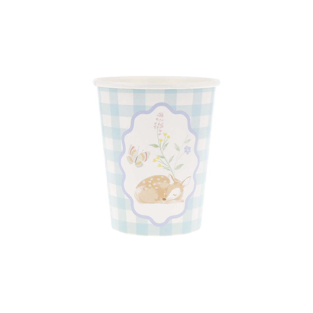 Blue gingham Meri Meri party cup with deer and floral detail, available at our Toronto party shop
