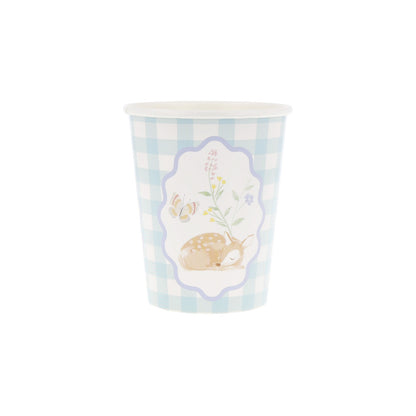 Blue gingham Meri Meri party cup with deer and floral detail, available at our Toronto party shop