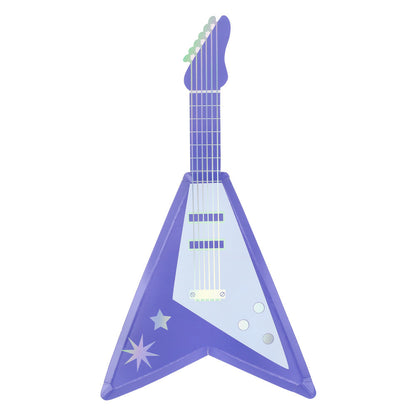 Blue Meri Meri electric guitar shaped party plate with retro star detail, available at our Toronto party shop.