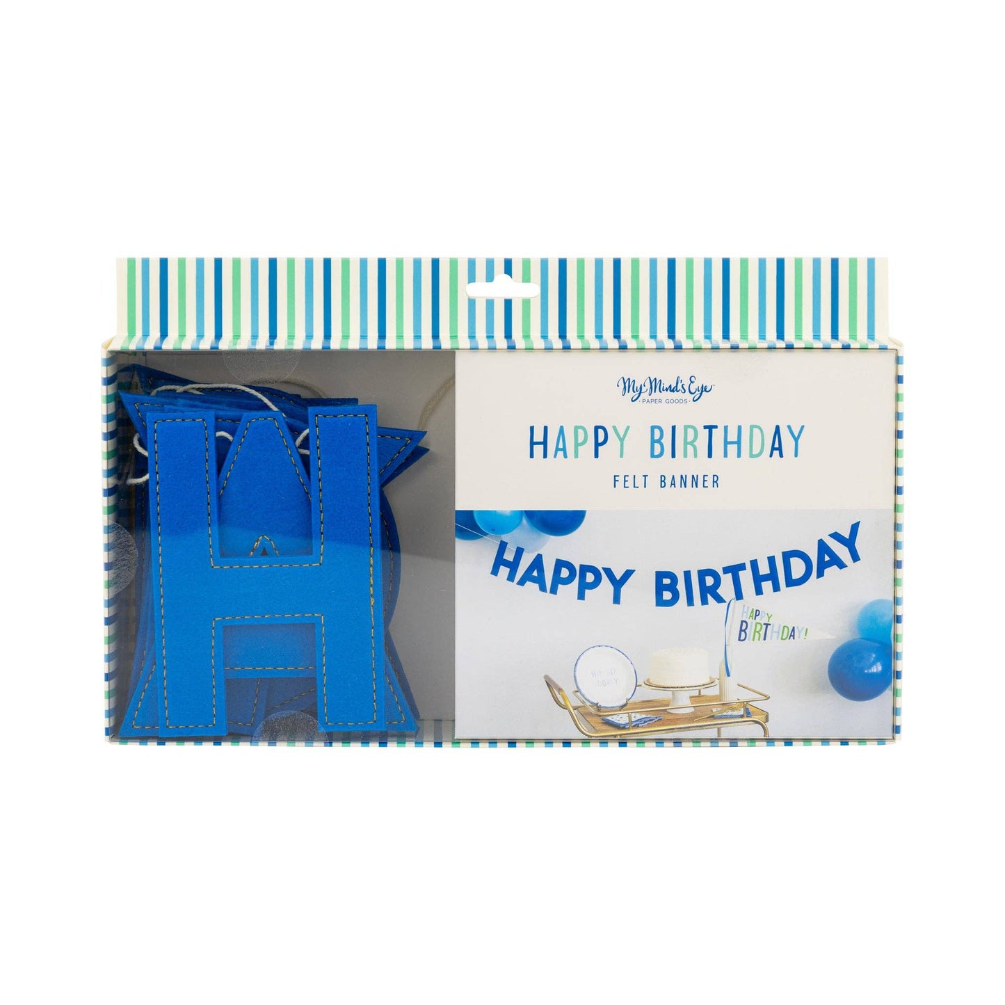 Blue Happy Birthday felt banner packaging showing stitched puffy letter banner available at our Toronto party shop.