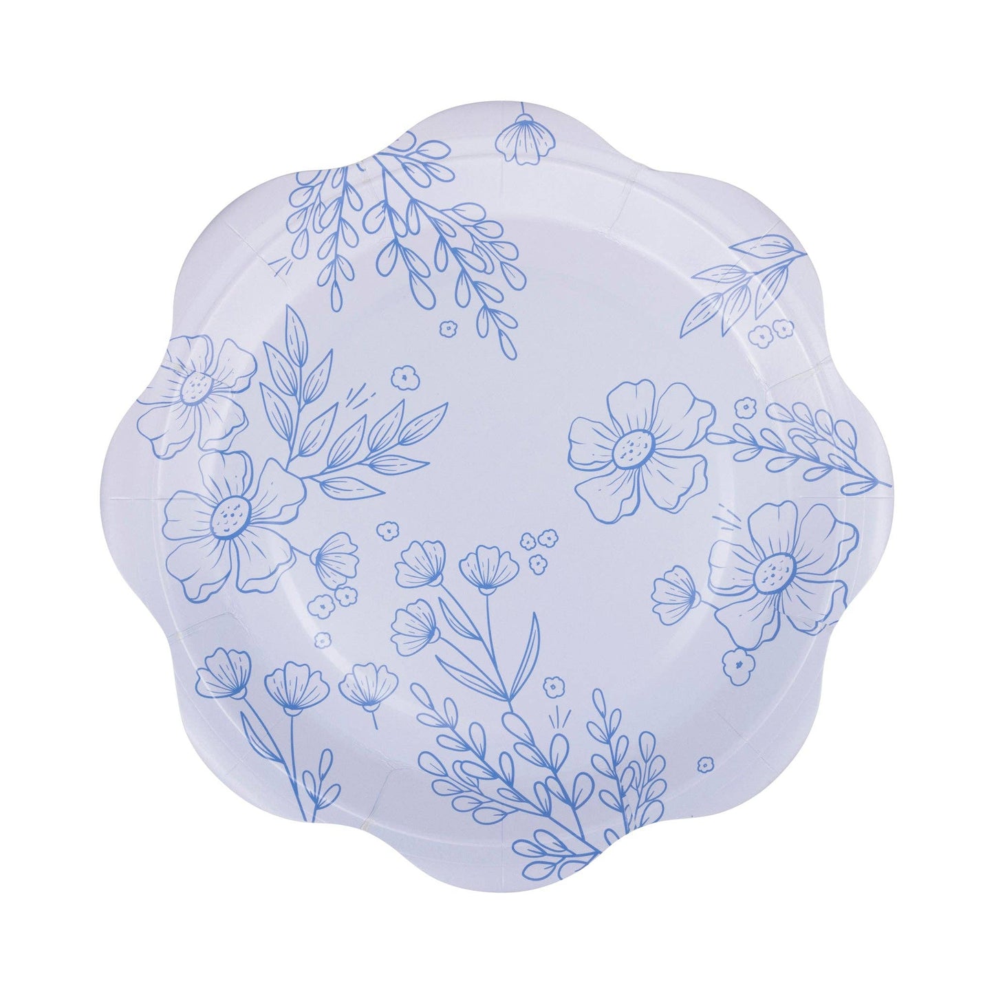Blue floral scallop paper plate with delicate design, available in Toronto and shipping across Canada.