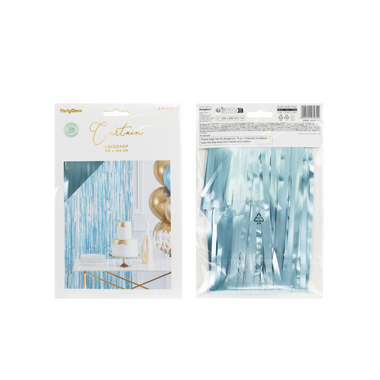 Packaged light green foil fringe curtain backdrop, shown front and back with product dimensions and example party setup.