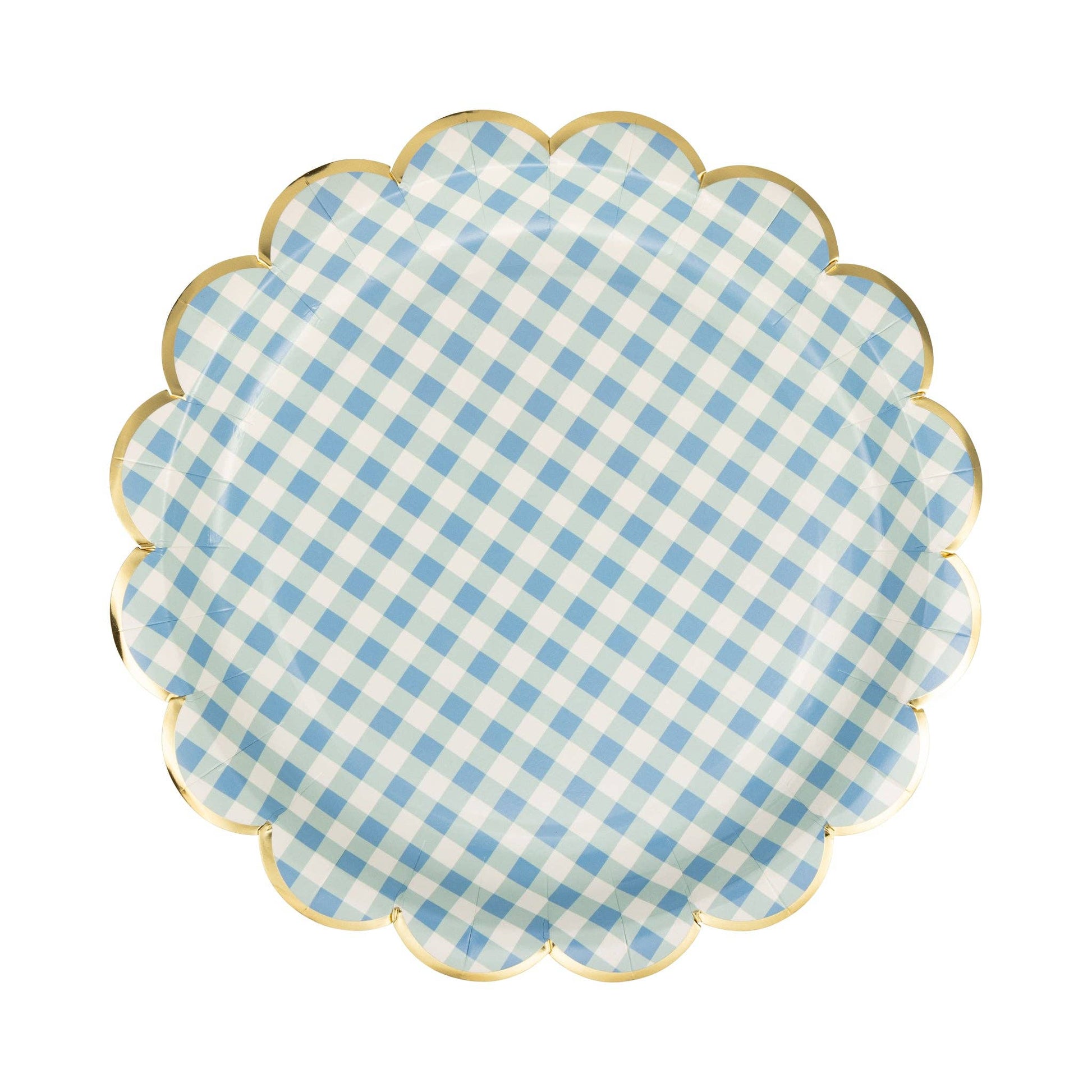 Blue and white gingham scalloped paper plate with metallic gold trim.