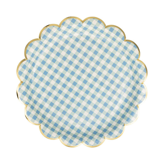 Blue and white gingham scalloped paper plate with metallic gold trim.